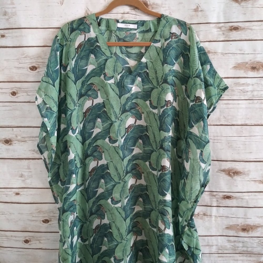 Ayaeo Botanical Palm Green Silk 100% Kaftan Dress Cover Up Size Small / Medium - Picture 4 of 11